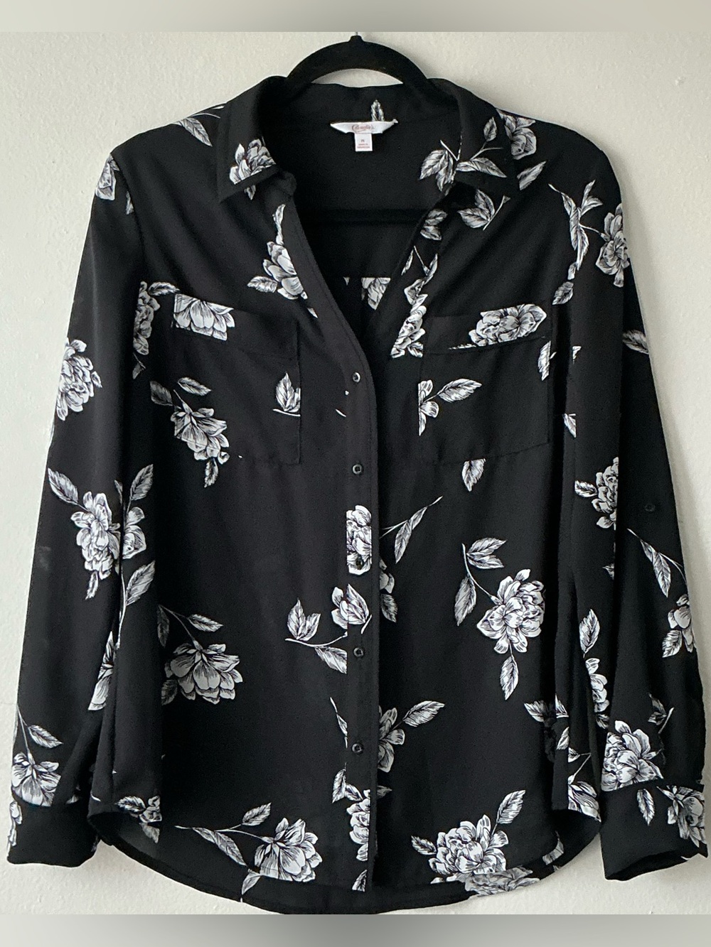 Candie's Women's Black & White Floral Button Down Blouse Size M